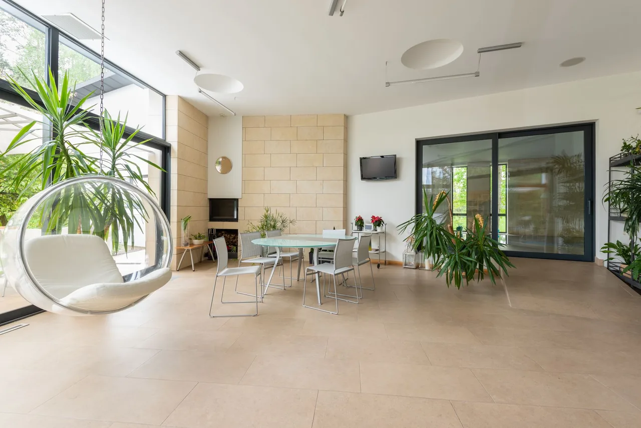 Jasny salon z dużą rośliną doniczkową w narożniku przy oknie jako soliter